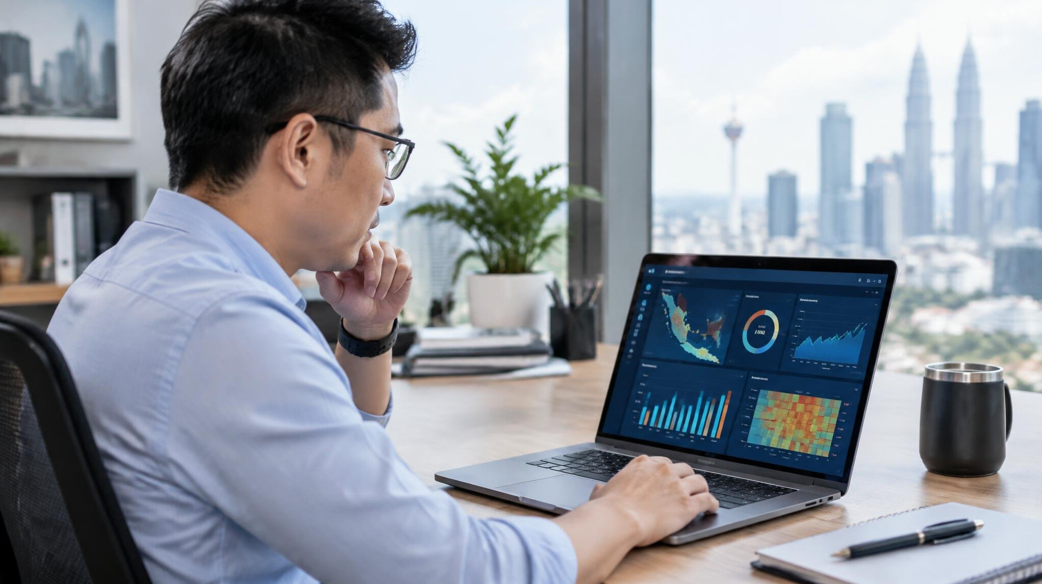 Insurance analyst reviewing digital risk dashboards on a laptop